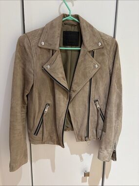 All Saints Suede Biker Jacket in Taupe